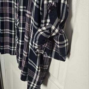 Navy plaid challis button-up shirt with roll cuffs